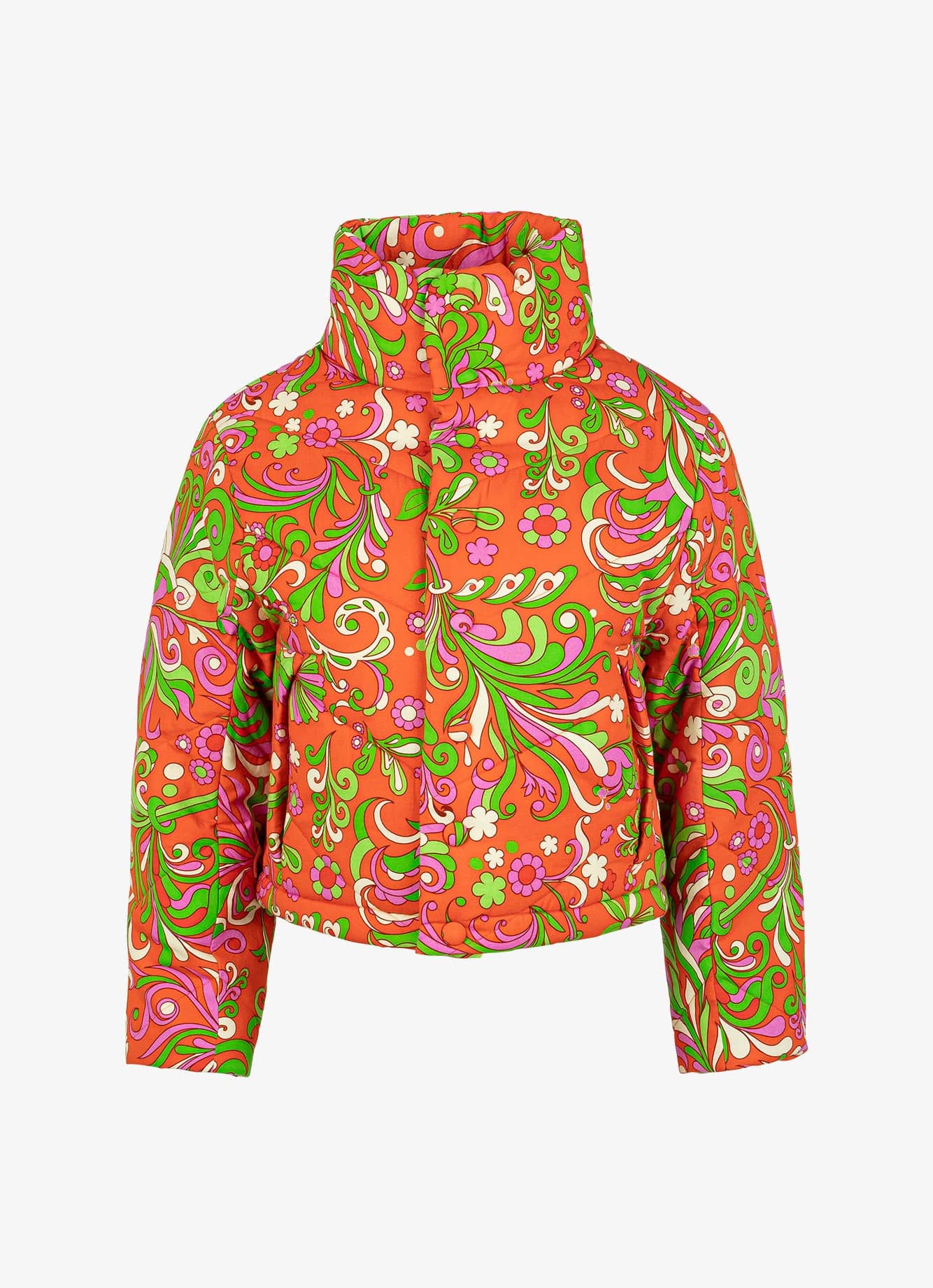 Cotton Quilted Jacket - Red Orange Psychedelic Floral