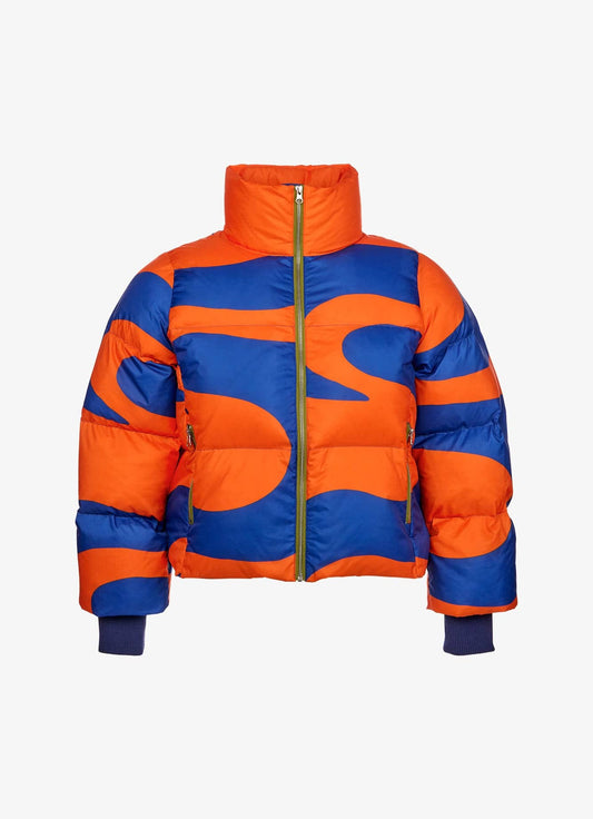 Genderless Overstuffed Soft Down Pillow Jacket with Knit Cuff - Mondo Swirls - Orange & Blue