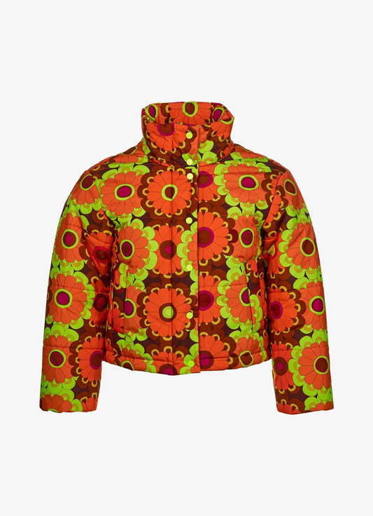 Waterproof Quilted Recycled Poly Jacket - Grandma's Wallpaper - Neon Lime, Rust Red