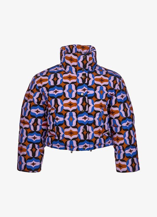 Waterproof Quilted Recycled Poly Jacket - Opulent Tile Print - Blue, Rust Lavender