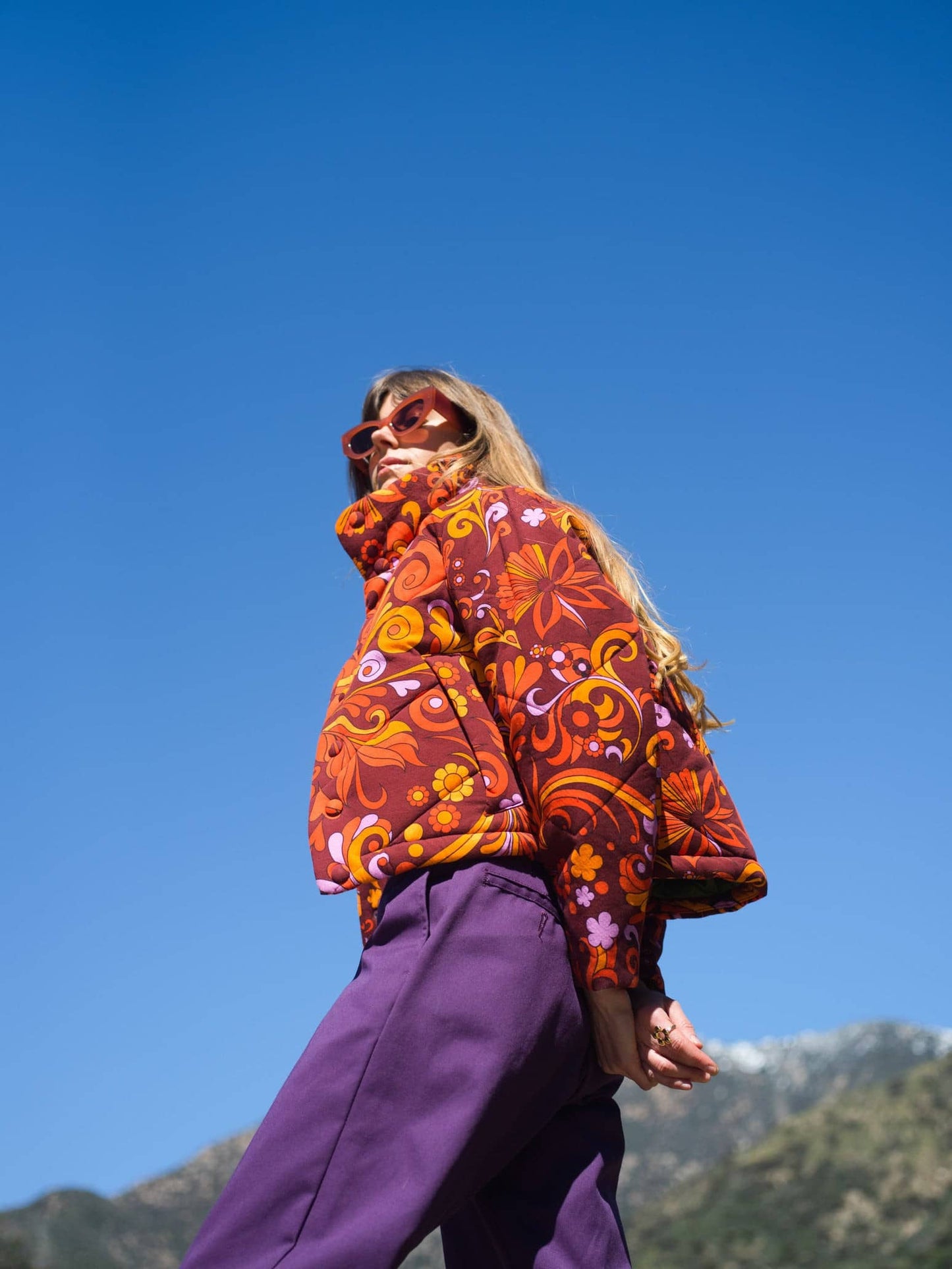 Cotton Quilted Jacket- Wine Psychedelic Floral