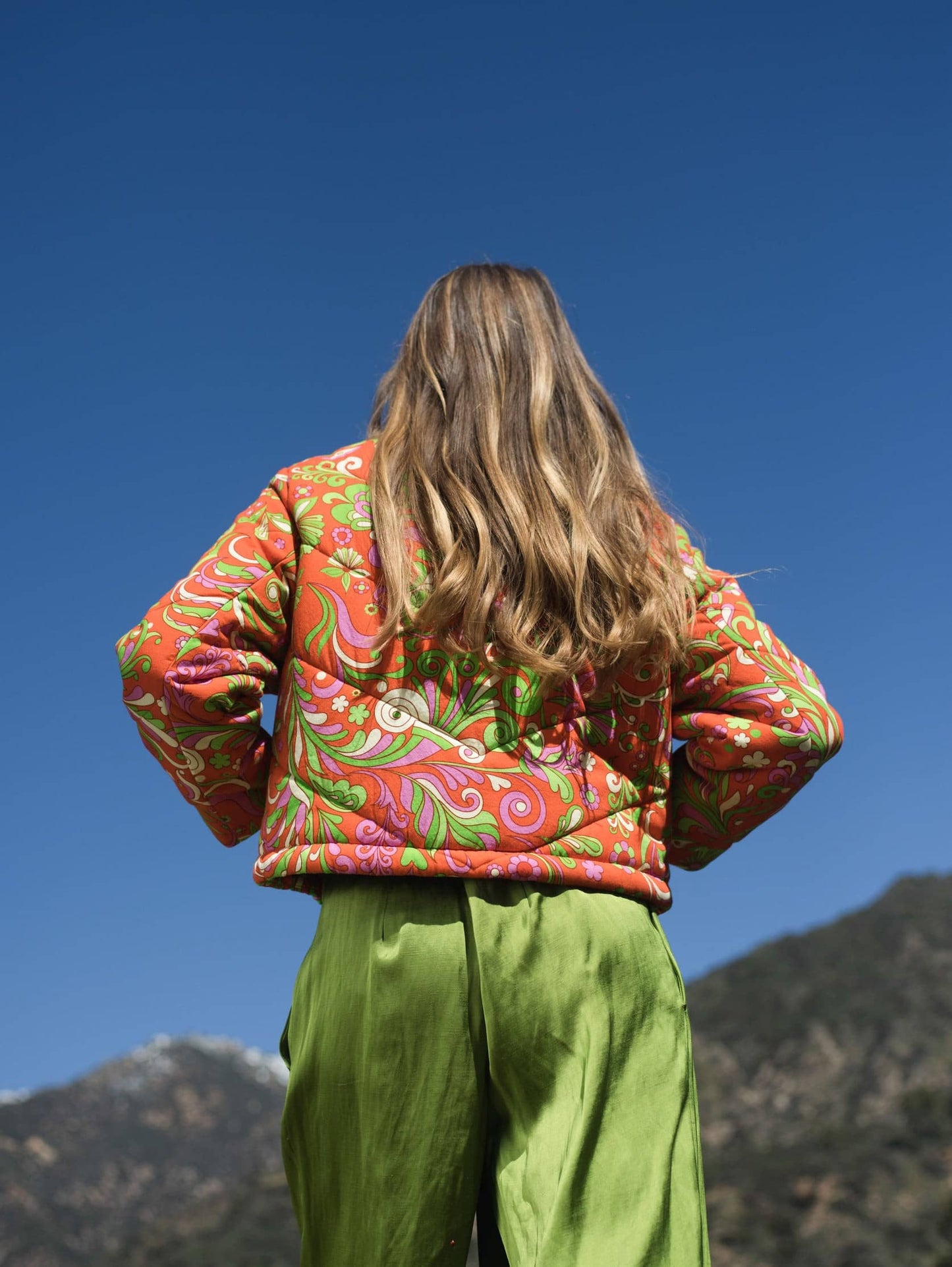 Cotton Quilted Jacket - Red Orange Psychedelic Floral