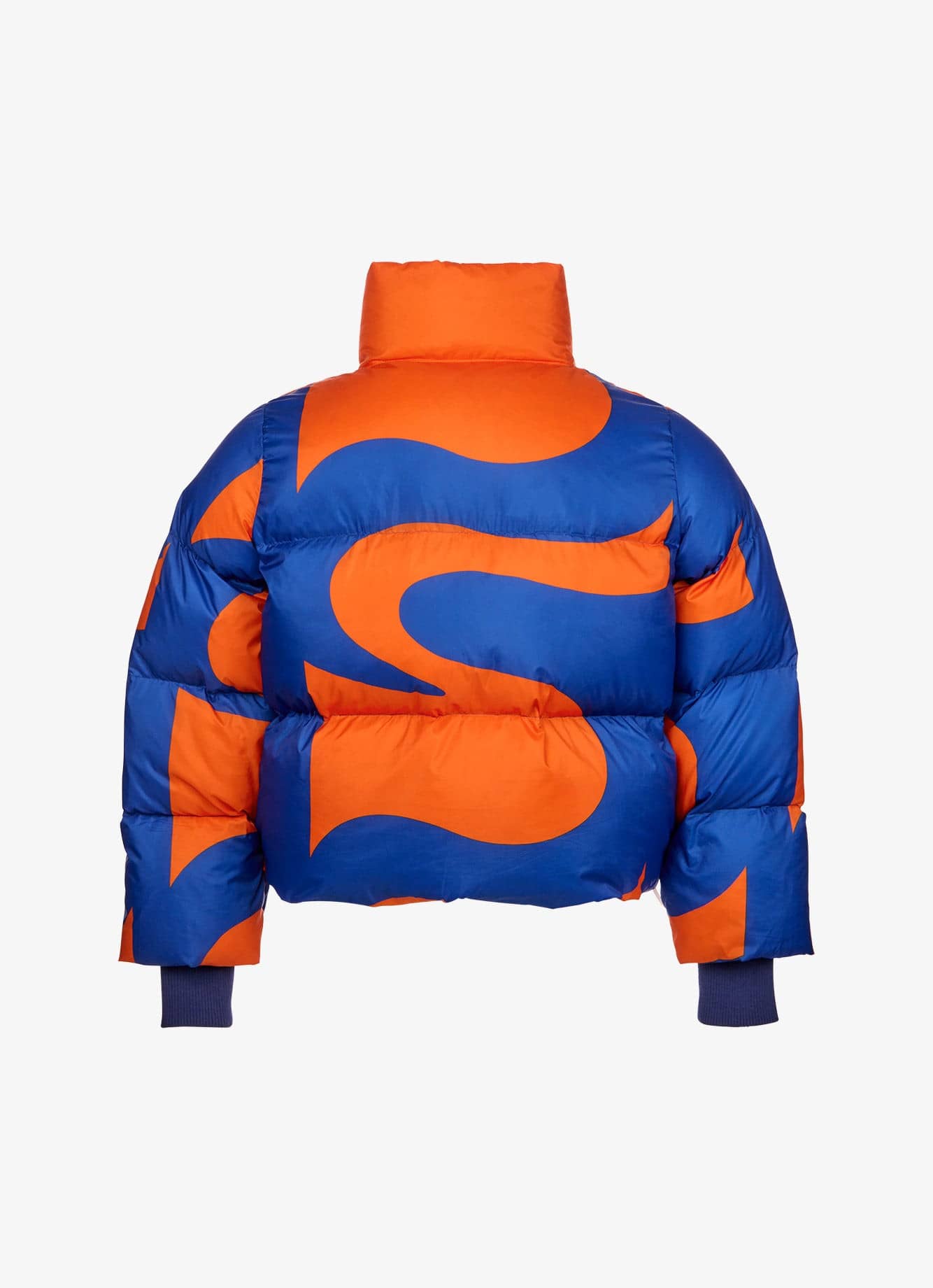 Genderless Overstuffed Soft Down Pillow Jacket with Knit Cuff - Mondo Swirls - Orange & Blue