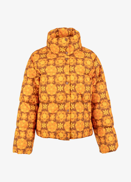 Goose Down Oversized Unisex Puffer Jacket - Orange Vintage Floral