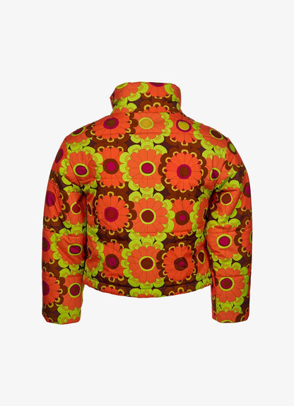 Waterproof Quilted Recycled Poly Jacket - Grandma's Wallpaper - Neon Lime, Rust Red