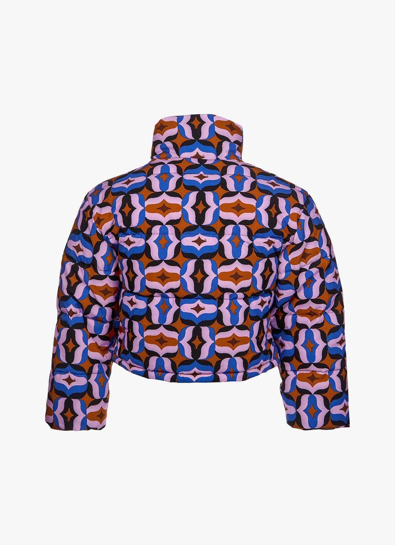 Waterproof Quilted Recycled Poly Jacket - Opulent Tile Print - Blue, Rust Lavender