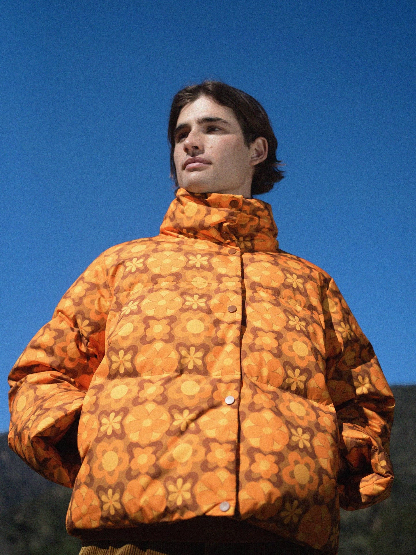 Goose Down Oversized Unisex Puffer Jacket - Orange Vintage Floral